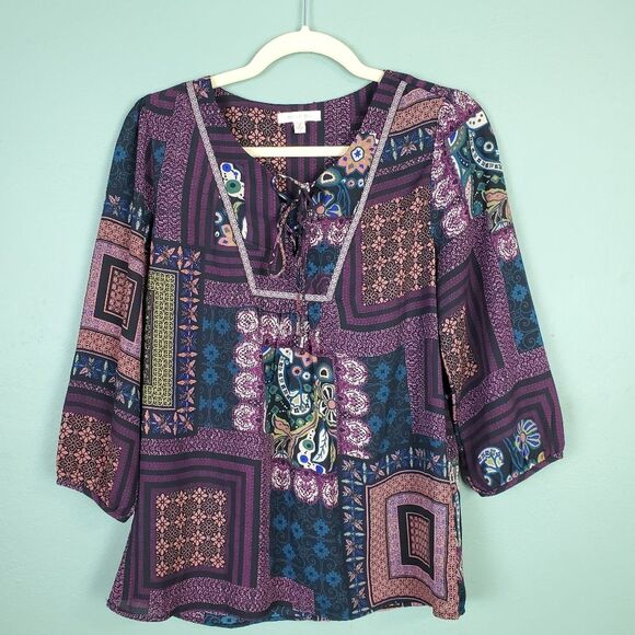 Skies Are Blue Patchwork Floral Boho Purple Embroidered Blouse Size Small - Picture 1 of 6